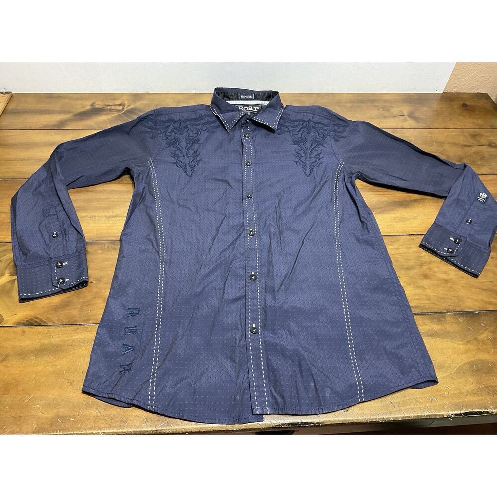 ROAR Shirt Men’s Navy Blue Vitality Signature Embroidered Flip Cuff Size Medium